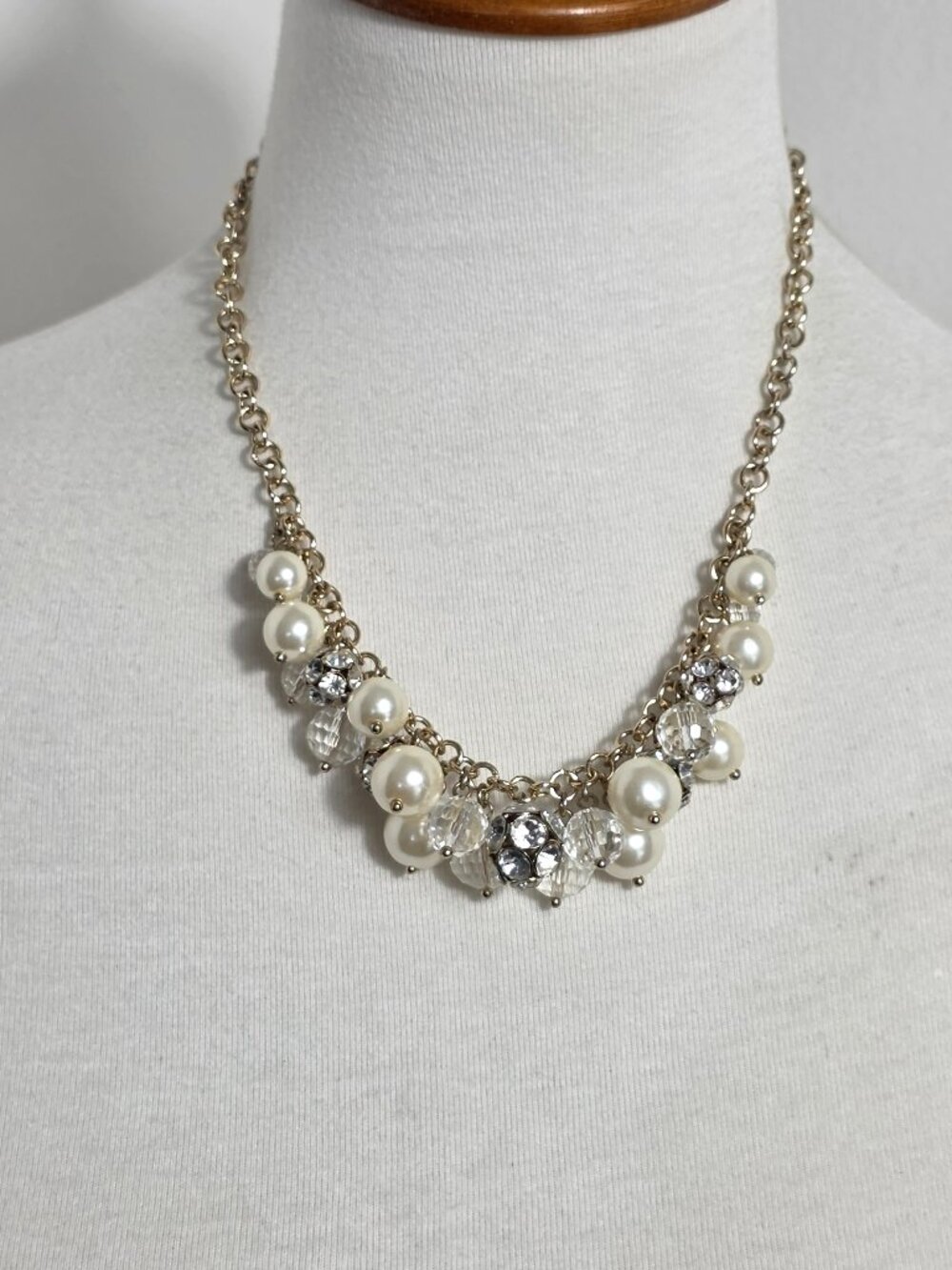 Vintage Bill Blass Gold-Tone Beaded Cluster Necklace Faux Pearls & Crystal Beads